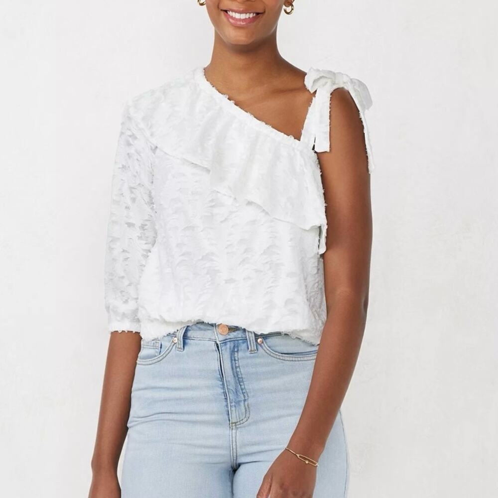Lauren Conrad NWT White One Shoulder Ruffle Textured Floral Top Size M